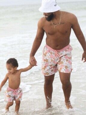 Caden Lane Mens Boho Floral Pink Swim Trunks (Shorts Only)- Matching Set Avail